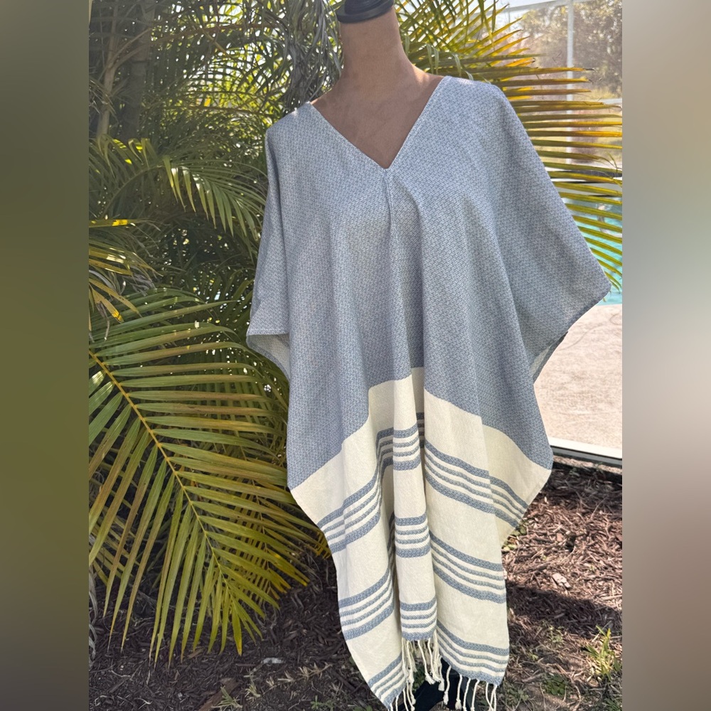 Boho fringed caftan in blue and cream striped